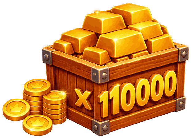 Houten kist vol goudstaven en munten met een multiplier x10.000